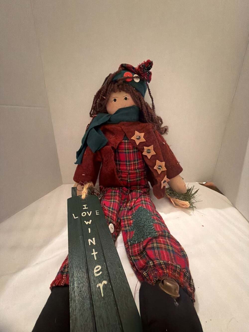 Vintage Primitive Folk Art Rag Doll Cloth Doll Hand Painted I Love Winter Sled
